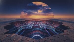 A digital landscape with a cracked desert floor, a glowing circuit pattern in a pit, and a transparent dome against a sunset sky.