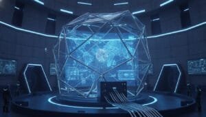 A futuristic control room with a large transparent geodesic structure displaying digital maps and data, surrounded by monitors and people in high-tech suits.