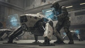 A person in futuristic armor repairs a large, four-legged robotic machine using holographic screens in an industrial setting.