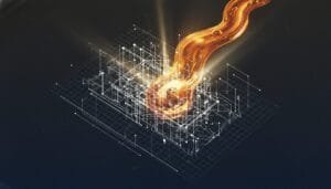 A stream of molten gold flows over a digital grid, with white geometric lines and points illuminated against a dark background.