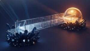 A transparent rectangular bridge connects clusters of dark crystals, ending at a glowing orange sphere on a dark background.