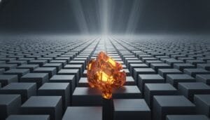A glowing orange crystal sits on a grid of black cubes, with light beams shining from the background toward the horizon.