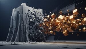 A solid concrete structure is breaking apart as golden cubes and twisted metallic elements burst through, scattering debris in a dark, abstract environment.