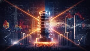 Futuristic power transformer at center with digital energy streams, robots, power lines, and data servers in a high-tech industrial setting.