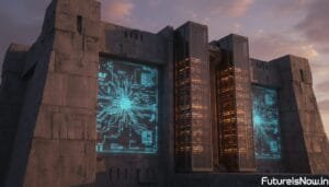 A concrete building with two large digital circuit displays and tall glass panels with glowing orange lights on the facade. The image has the text "FutureIsNow.in" in the corner.