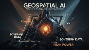 A futuristic mountain with geometric shapes and glowing center, overlaid with text about geospatial AI, power, sovereign data, and peak power.