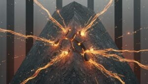 A stone pyramid with cracks at the peak emits bright orange sparks and glowing lines, suggesting intense energy or an explosion.