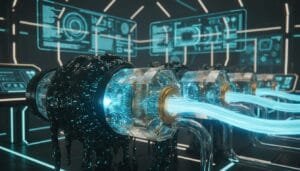A row of futuristic machines with glowing blue energy beams and digital interfaces, surrounded by black cables and illuminated holographic screens.