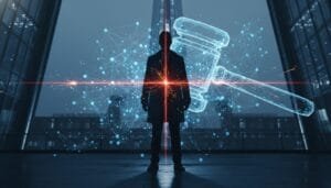 A silhouetted person stands in front of a digital gavel and network imagery, suggesting law and technology, with a glowing red line crossing the center.