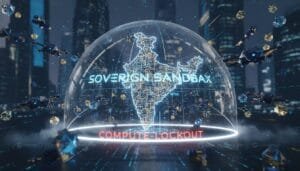 A digital map of India under a transparent dome labeled “Sovereign Sandbox” with the words “Compute Lockout” in red at the base, surrounded by futuristic drones and city buildings.
