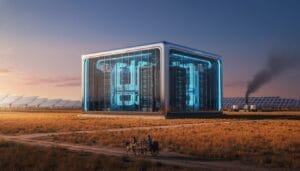 A large futuristic cube-shaped building with glowing blue pipes stands in a solar panel field; smoke rises from machinery in the background, and two people travel by cart on a dirt path.