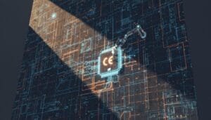 A robotic arm places a microchip labeled “CE” onto a glowing circuit board, illuminated by a beam of light amid a digital, futuristic background.