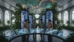 Four people stand around large digital displays in a room filled with plants, servers, and illuminated data maps on the ceiling, suggesting a fusion of technology and nature.