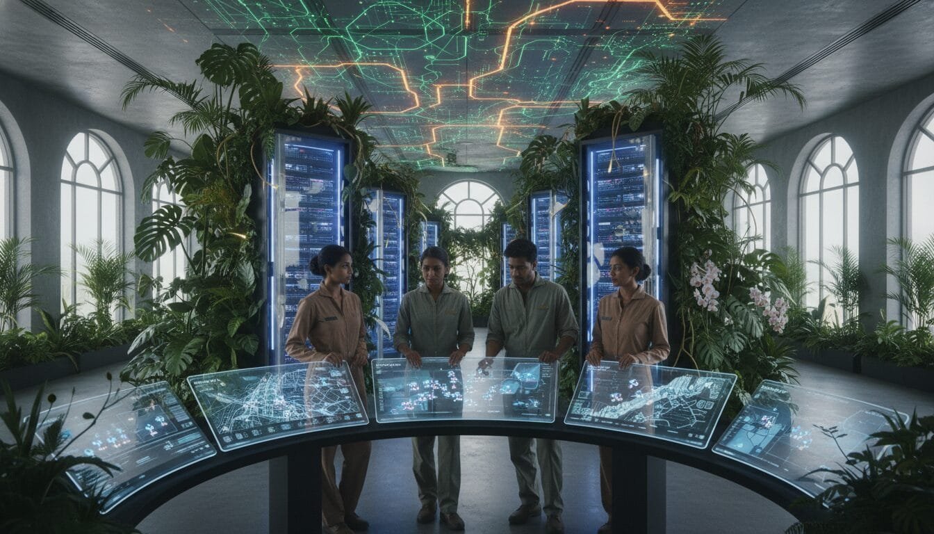 Four people stand around large digital displays in a room filled with plants, servers, and illuminated data maps on the ceiling, suggesting a fusion of technology and nature.