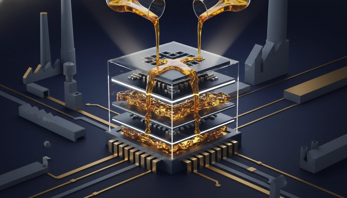 Transparent cube with layered microchip components filled with golden liquid, positioned on a circuit board, with two streams of liquid being poured in from above.