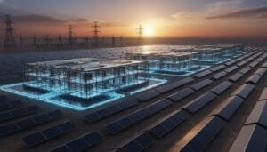 A solar farm with rows of solar panels and illuminated battery storage units at sunset, with power lines in the background.