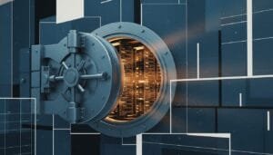 A large, round vault door is open, revealing glowing computer servers inside, set against a geometric, blue-toned background.