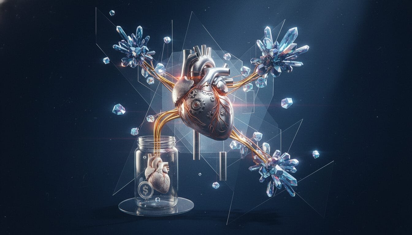 A metallic heart with tubes and crystals is suspended above a glass jar containing a smaller heart with a dollar sign, set against a dark background with geometric shapes.