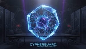 A glowing geometric structure with digital nodes hovers above a conference table in a server room. Text reads: "CYPHERGUARD: SECURING THE AI FRONTIER.