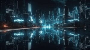 Futuristic cityscape at night with tall, illuminated skyscrapers reflected in a body of water, featuring blue neon lights and a dark sky.