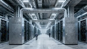 Large data center with rows of server racks, concrete floors, exposed pipes, and several people walking or working in the aisle.
