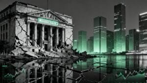 A crumbling, cracked bank building stands beside modern skyscrapers, with a fractured surface and falling debris, suggesting financial collapse. Green-tinted light highlights the cityscape.