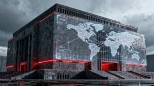A large, modern building with a digital world map and red-lit data lines projected on its stone facade under a cloudy sky.