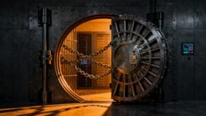 A large, round bank vault door is open, with chains and a padlock securing the entrance; metal safety deposit boxes are visible inside.