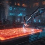 A robotic arm works on a glowing circuit board in a high-tech factory, with holographic data displays and workers in the background.