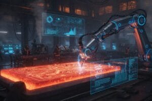 A robotic arm works on a glowing circuit board in a high-tech factory, with holographic data displays and workers in the background.