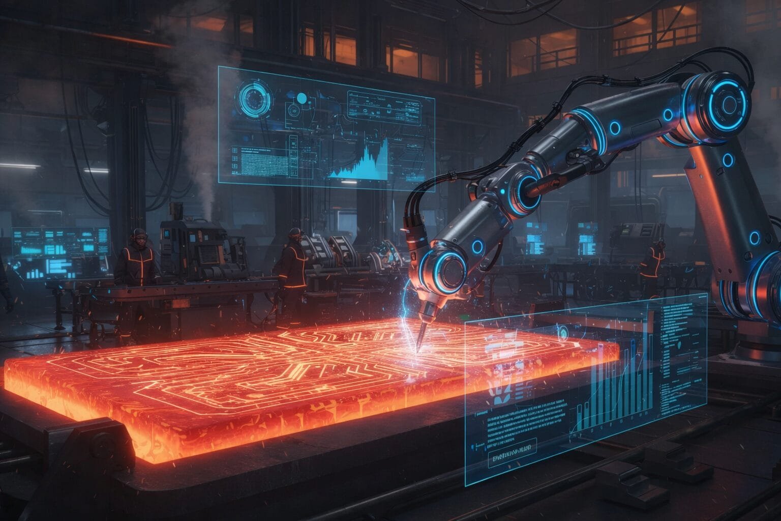 A robotic arm works on a glowing circuit board in a high-tech factory, with holographic data displays and workers in the background.