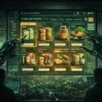 Two humanoid robots operate a large digital screen displaying online grocery products while two humans observe from below in a futuristic control room setting.
