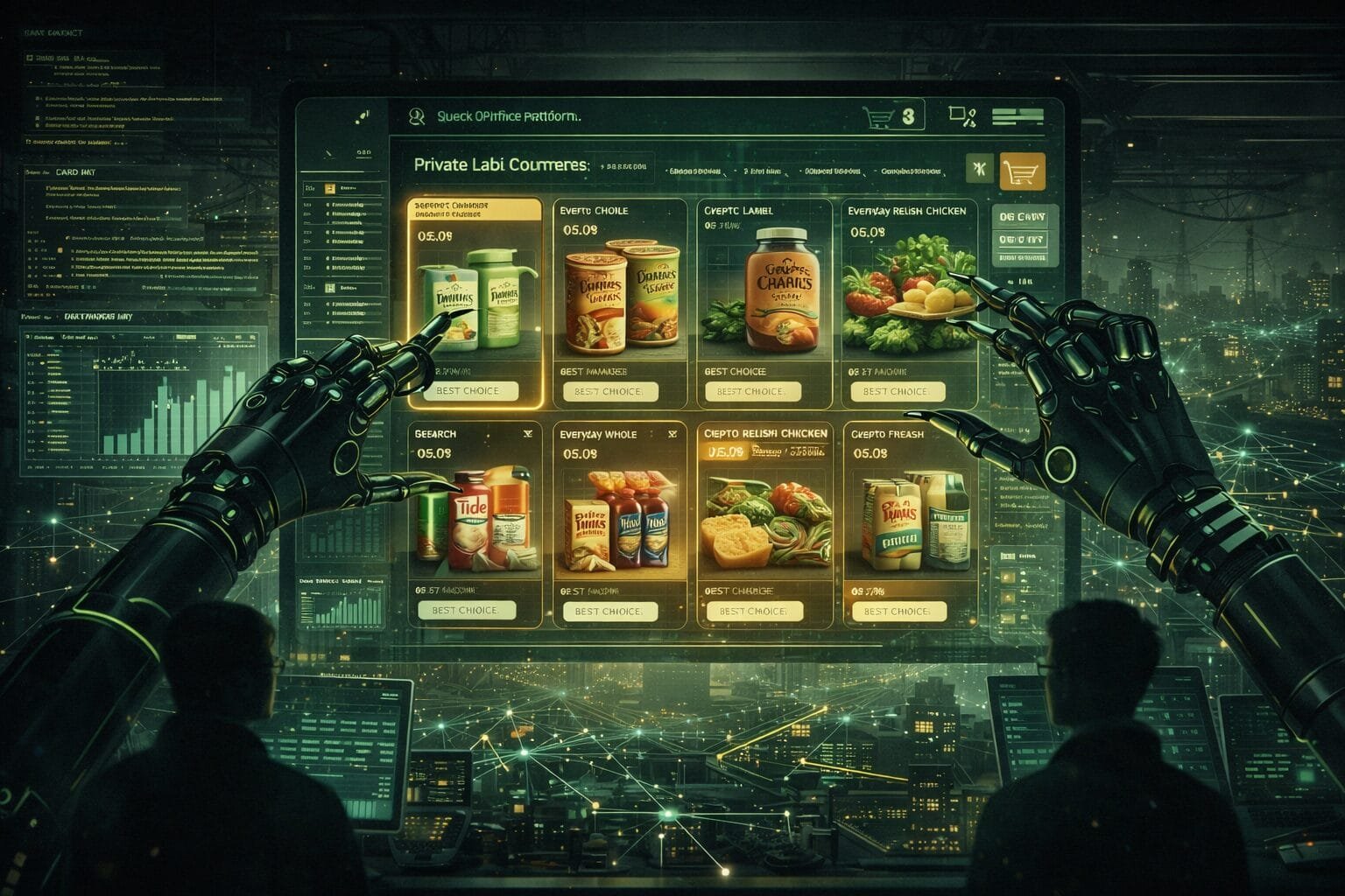 Two humanoid robots operate a large digital screen displaying online grocery products while two humans observe from below in a futuristic control room setting.