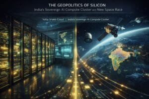 A data center with server racks transitions into a space scene showing satellites orbiting Earth, highlighting India, with text about India's AI and space initiatives.