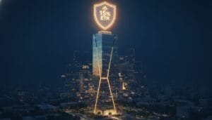 A modern glass skyscraper at night with glowing digital graphics and a shield displaying "15% ETR" above the building, symbolizing financial or tax-related data.
