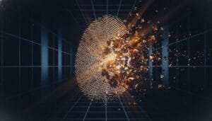 A digital fingerprint dissolving into geometric fragments, set against a dark grid background, symbolizing data security or identity disruption.