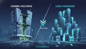 Split image showing a crumbling building labeled "Zombie Unicorns" with years 2021, 2022, and a modern cityscape labeled "Lean-Thousand"; text reads "The Choice" and "FuturesIsNow.in".