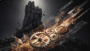 Three large interlocking gears with digital elements are shown in motion in front of a jagged rock formation under a dramatic, dark sky.