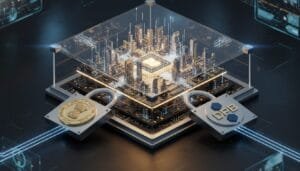 A digital illustration shows a microchip protected by glass, with two padlocks—one featuring a coin and another labeled "OPB"—symbolizing secure digital transactions or data protection.