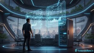 A man in a modern office interacts with large transparent digital screens displaying data, with a futuristic city and flying vehicles visible through the windows.