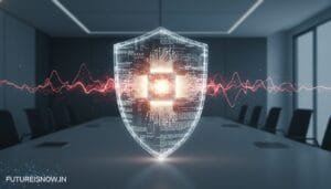 A digital shield with circuit patterns and a central microchip hovers over a conference table, symbolizing cybersecurity in a corporate office.