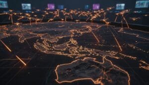 A digital map of Asia and Australia displays glowing network lines and data points, suggesting global connectivity or cyber activity. Multiple screens are visible in the background.