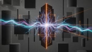 Abstract digital art of a central glowing energy burst with blue and pink electric streaks, surrounded by dark geometric shapes and orange outlines on a gray background.