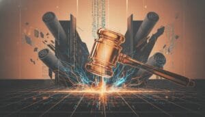 A judge's gavel strikes with digital sparks, surrounded by scrolls, binary code, and shattered geometric shapes, symbolizing law and technology.