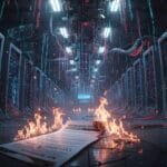 A burning document lies on the floor of a server room filled with cables and server racks, with flames and sparks visible.