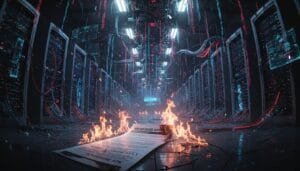 A burning document lies on the floor of a server room filled with cables and server racks, with flames and sparks visible.