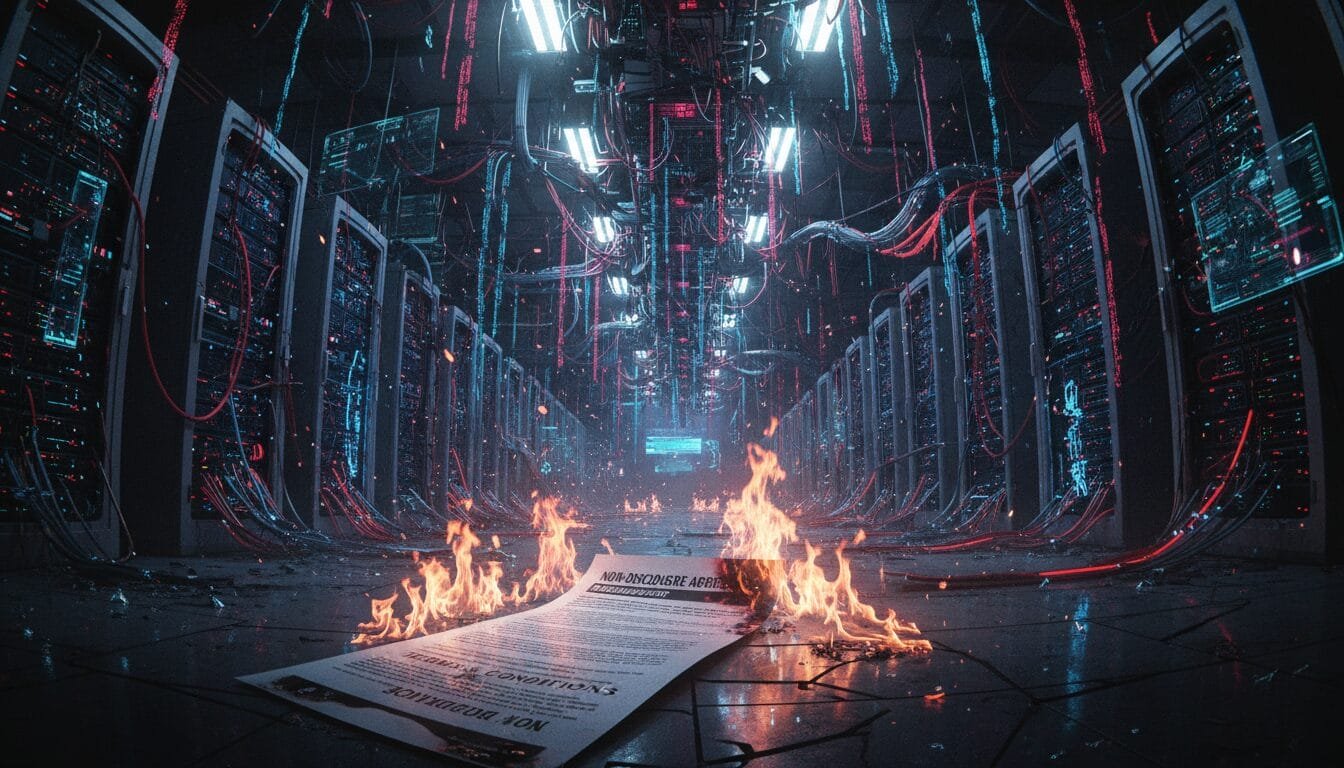 A burning document lies on the floor of a server room filled with cables and server racks, with flames and sparks visible.