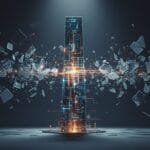 A tall digital structure emitting light stands at the center, with glass shards and circuit patterns surrounding it in a dark, futuristic setting.