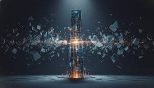 A tall digital structure emitting light stands at the center, with glass shards and circuit patterns surrounding it in a dark, futuristic setting.