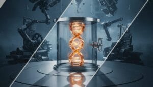 A glowing DNA double helix is enclosed in a glass chamber surrounded by robotic arms and machinery in a futuristic lab setting.